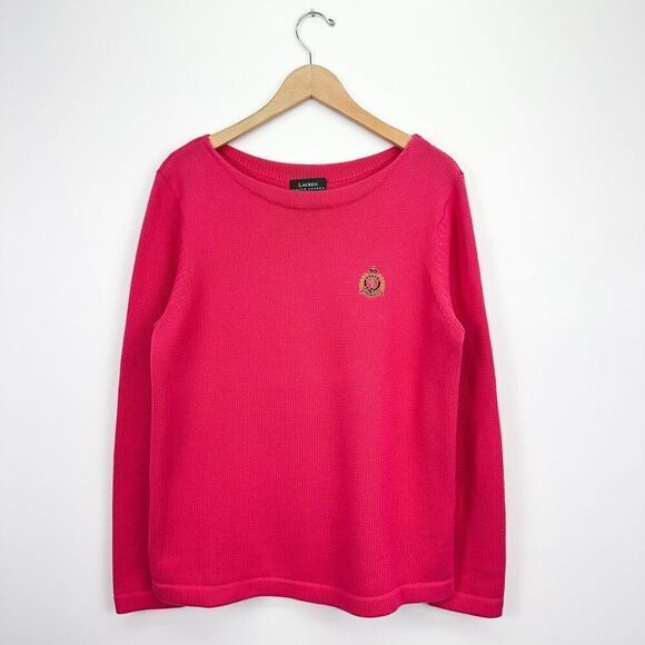 Lauren Ralph Lauren Pink Embroidered Crest Crewneck Knit Sweater - Picture 1 of 10